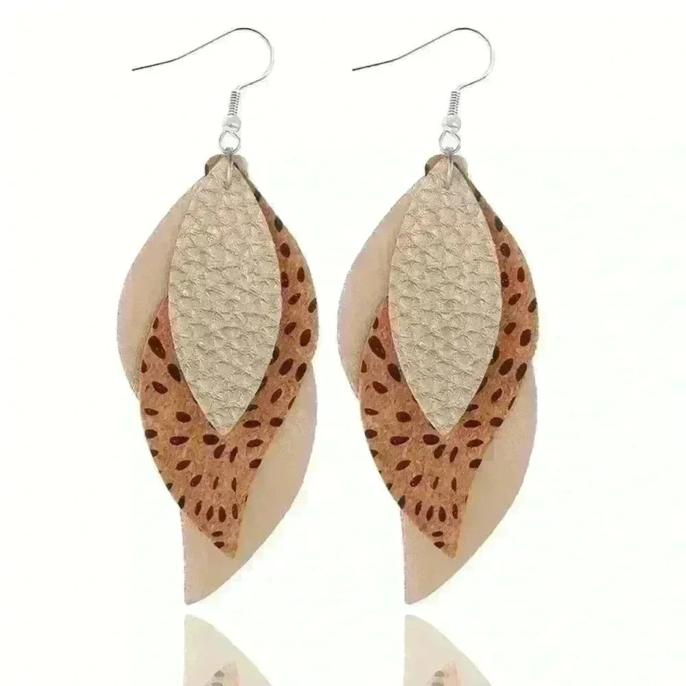 3-layer Leaf Design 3.5” Dangle Earrings in PU Leather w/Silver Tone Fish Hooks